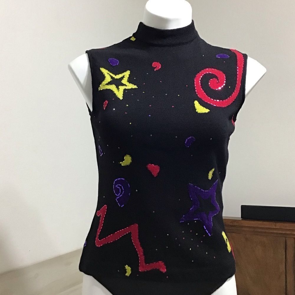St John Black Turtle Neck Sweater Sleeveless Size Small
